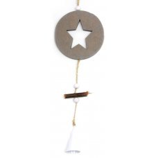 Χριστουγεννιάτικο Ξύλινο Αστεράκι, Καφέ Σκούρο με Λευκό Καμπανάκι (35cm)